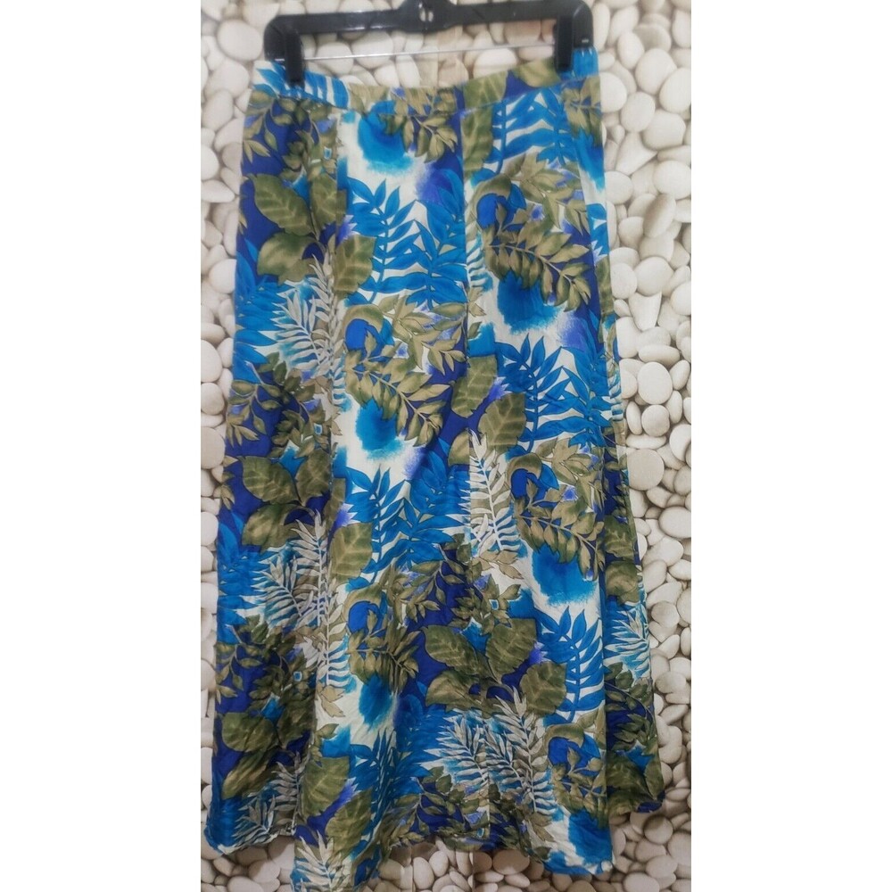 Melrose Studio Skirt Womens Size Medium Blue Green Hawaiian Leaves Silk Maxi